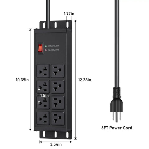 Heavy Duty Surge Protector Power Strip With Eight Outlets 20 Amp 12 Gauge Metal Industrial Bar 6 Ft Extension Cord detail
