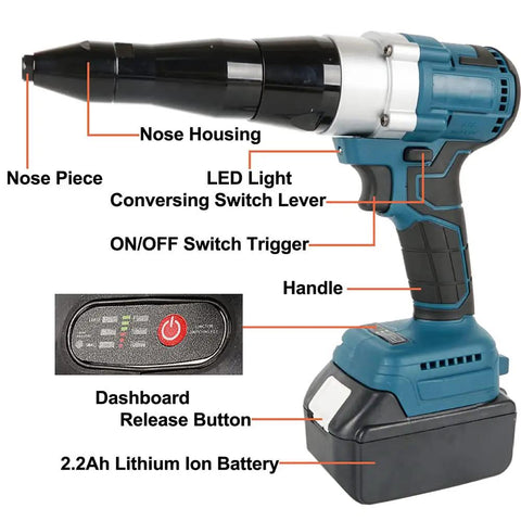 Close-up of Dead-Easy No-Fuss Cordless Rivet Gun With 21V Battery And Brushless Motor showing handle, nose piece, and control features.