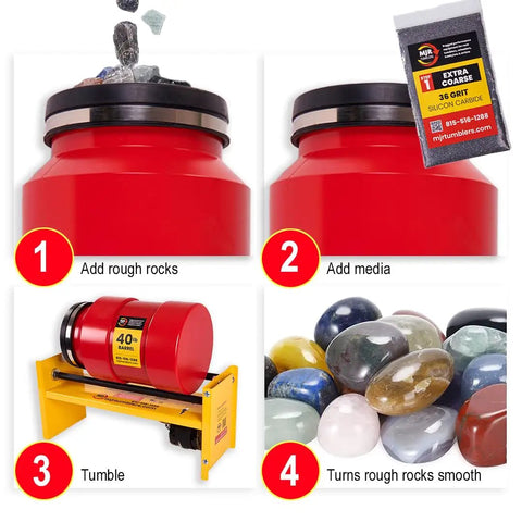 Step-by-step guide to 40Lb Rock Tumbler Machine for Pros Heavy Duty Pro Grade Polisher with Commercial Stone Polishing Kit Large Capacity Tumbler Steel Frame Quiet Motor Multi Barrel Base USA Made, showing rough rocks, media, tumbler in action, and polished stones