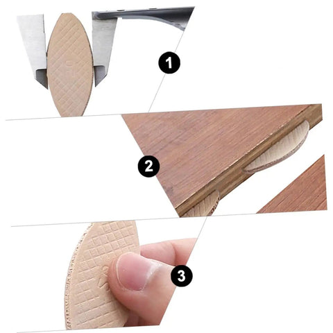 100 Pcs Wood Biscuit Tenon Joiner Tool for strong framing joints, close-up views of biscuit dimensions and insertion
