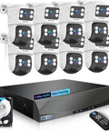 4K 8MP POE Security Camera System With Auto Tracking And Two Way Audio Rock Solid Outdoor PTZ IP Cameras Dual Lens 4096x2160 Home Surveillance Kit For Day And Night Monitoring with cameras, NVR, and remote control.