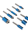 Top Shelf 50 Piece Router Bit Set With 1/4 Inch Shank And Heavy Duty Tungsten Carbide Tips For Clean Woodworking Cuts, 8 router bits with blue handles.