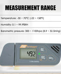 Usb Temperature And Humidity Data Logger With Barometric Pressure Tracking and No Fuss Pdf Csv Reports For Cold Chain Storage, display showing measurement ranges.