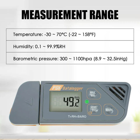 Usb Temperature And Humidity Data Logger With Barometric Pressure Tracking and No Fuss Pdf Csv Reports For Cold Chain Storage, display showing measurement ranges.