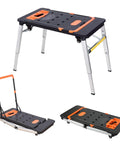 Heavy Duty Adjustable Work Bench And Rolling Tool Storage Cart With Four Locking Caster Wheels Transforms Into Sawhorse Scaffold And Hand Truck For Badass Shop Rigs, compact black and orange design.