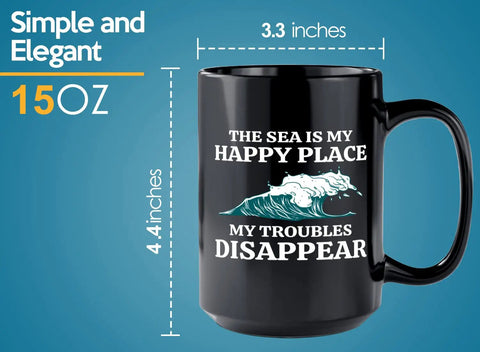 Nautical 15 Oz Coffee Mug For Boaters And Sailors A Hilarious Sailboat Glass Gift with wave design and text on black ceramic.
