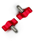 Top Shelf 4 Pack Of 1/4-20 X 3/4 Inch Stainless Steel Thumb Screws Paired With Red Adjustable Tee Wing Aluminum Knobs for easy grip.