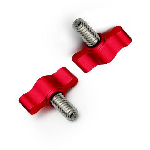 No Sweat Quick Turn Heavy Duty Red Thumb Screws 5/16 Inch Coarse Thread with aluminum knobs for easy tightening.