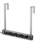No Drill Over The Door Mop And Broom Holder With Four Slots And Four Hooks Wood Tool Hanger, black, metal frame, hooks visible