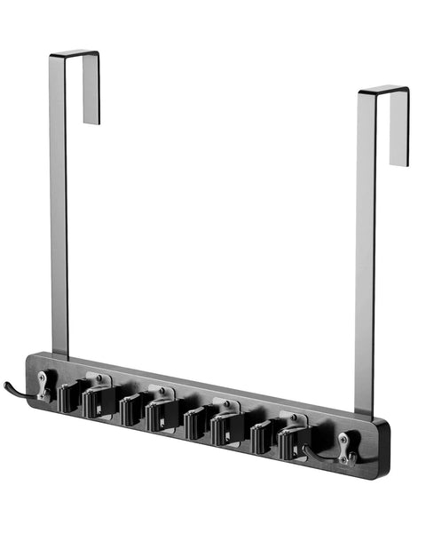 No Drill Over The Door Mop And Broom Holder With Four Slots And Four Hooks Wood Tool Hanger, black, metal frame, hooks visible