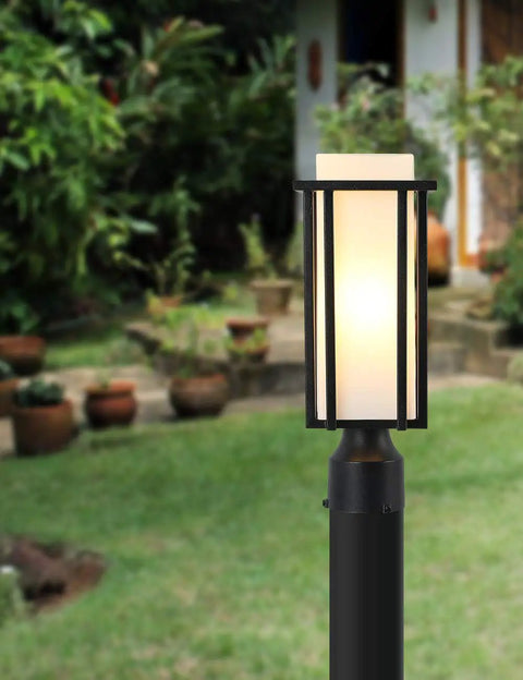 Outdoor Post Light For Patio And Garden, All Weather Sand Black Metal Lantern, 3 Inch Base, Milk White Frosted Glass, Pier Mount