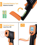 Digital Infrared Temperature Gun For Cooking With Backlit Display And Auto Shutoff, battery compartment open with included batteries