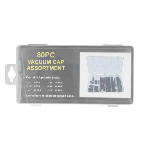 Vacuum Cap Kit 80 Pcs Rubber Assortment For Auto Vacuum Lines And Carburetor Manifolds High Temperature box with sizes.