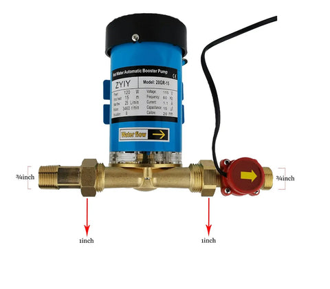 120W Automatic Water Pressure Booster Pump For Home Featuring Low Noise Silent Action And One Inch Outlet with brass fittings.