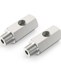 Pair of stainless steel 1/4 NPT oil pressure tee adapters with 1/8 NPT female ports.