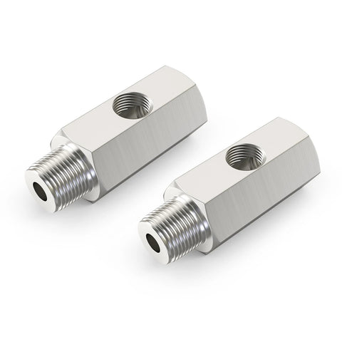 Pair of stainless steel 1/4 NPT oil pressure tee adapters with 1/8 NPT female ports.