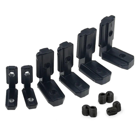 Heavy Duty L Shape Corner Brace Brackets With Matching Screws For Quick Furniture Repair Built Tough, black metal brackets of various sizes.