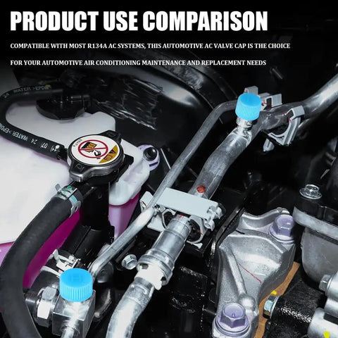 Keep Things Chill Under The Hood With These Tight Sealing Car AC Valve Caps Crafted For R134a Systems, showcasing blue valve cap on AC lines.