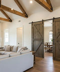 Give Your Place A Badass Upgrade Using Rustic Walnut Reactive Water-Based Interior Wood Stain, A Heavy-Duty VOC-Free Workhorse Delivering Serious Punch For Deep Rich Tones And Aged Wood Vibe On One Jumbo 55-Gallon Drum, showcasing rustic barn doors in a modern living room.