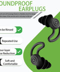 Black soundproof earplugs with shark fin design, four-layer noise reduction, suitable for repeated use, shown on green background