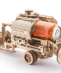 3D Wooden Puzzle Kit Mechanical Tanker Truck With Real Opening Tanker Cap Twist Knob Unfolds In A Snap Fits Standard 0.33 L Cans Open Frame Design For A Raw Rustic Look And Hands On STEAM Learning, wooden model with can inserted