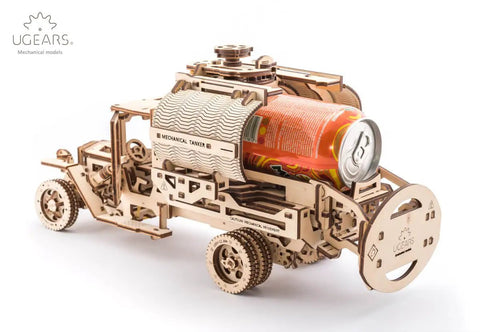 3D Wooden Puzzle Kit Mechanical Tanker Truck With Real Opening Tanker Cap Twist Knob Unfolds In A Snap Fits Standard 0.33 L Cans Open Frame Design For A Raw Rustic Look And Hands On STEAM Learning, wooden model with can inserted