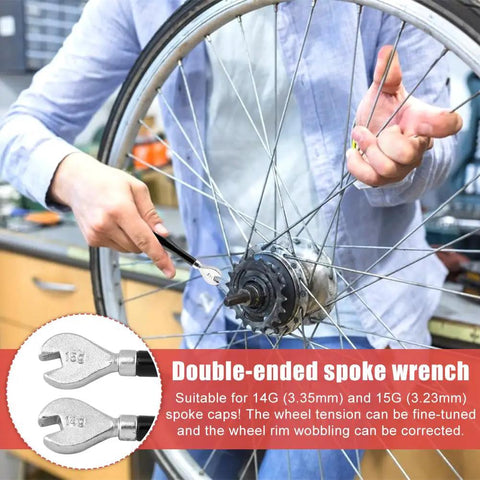 No Sweat Road Warrior Bike Repair Kit Featuring Five Universal Spoke Wrenches Two Heavy Duty Tire Levers And One Y Shaped Socket Adapter for double-ended spoke wrench use on bike wheel adjustment.