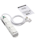 Go-To Safe-IT 6-Outlet Hospital-Grade Medical Power Strip with 15-Foot Cord, safety covers, and manual displayed on white background