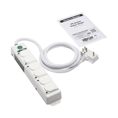 Go-To Safe-IT 6-Outlet Hospital-Grade Medical Power Strip with 15-Foot Cord, safety covers, and manual displayed on white background