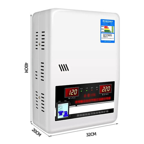 Top Shelf Zero Sweat 20000W Automatic Voltage Stabilizer And Power Conditioner Featuring Slick LCD Display Rapid Response Chips For Home Appliances 220V Single Phase Wall Mount Installation side view with digital display