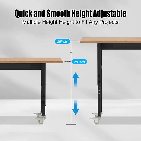 Adjustable height feature of Beefy 60 Inch Heavy Duty Solid Wood Work Bench On Wheels With Built In Power Outlets