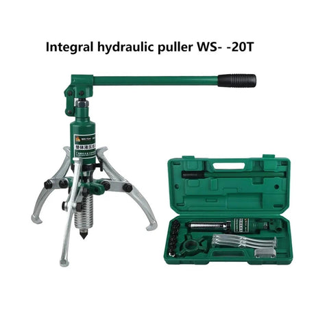 Heavy Duty Three Jaw Hydraulic Bearing Puller Set, 20 ton capacity tool with case and accessories for gear removal.