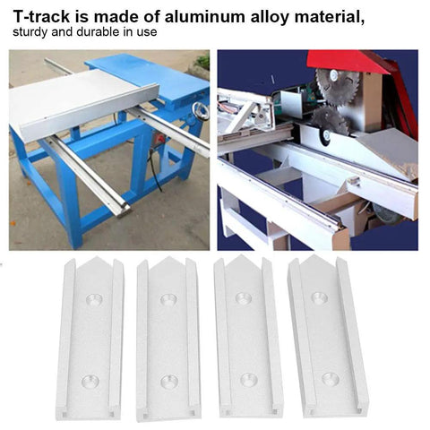 Top Notch Aluminum T Track Connectors For Router Tables: 4 Pack Heavy Duty T-tracks shown on a saw table for woodworking.