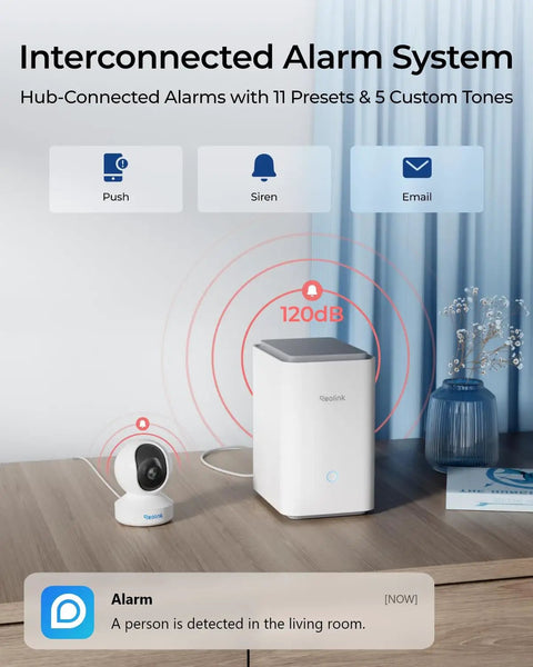 All In One Home Hub Pro with camera, alarm system, and 120dB siren notification in a living room setting.