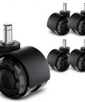 2 Inch Dual Wheel Office Chair Caster Wheels Replacement PU For Carpet And Hardwood Floors Universal Stem Heavy Duty Quiet Smooth Roll Fits Most Chairs Up To 880lb Per Chair 5CasterSet, showing black wheels and universal stem design in a pack of five.