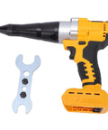 Get A Crazy Powerful 20v Cordless Rivet Tool Kit With Brushless Motor High Torque And Led Light For Tight Spaces That Makes Long Work Sessions Easy Slay Your Projects Without Any Cords Getting In The Way Today Right Now yellow cordless rivet tool with nozzle and wrench