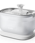 No Fuss Cat Water Fountain With Stainless Steel Tray, Wireless Pump, Dual Flow Water Streams, 2.5L Automatic Pet Water Dispenser That Is Easy To Clean And Helps Cats Stay Hydrated, side view with water flowing.