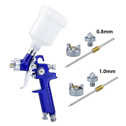 Pro Grade Mini HVLP Spray Gun Steps Up Your Art Game, 1.0MM Nozzle with gravity feed cup and interchangeable nozzle tips.