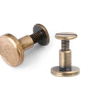 Forty Brass Flat Head Button Studs Feature Screw On Chicago Screws Ideal For Rugged Leather Belt Bag Shoes And Bookbinding Work Gives Badass Grip Quality With Slick Rust Shield Plating Comes In 5 6 5 And 8 Mm Fits, showcasing 5mm and 6.5mm brass screw rivets.