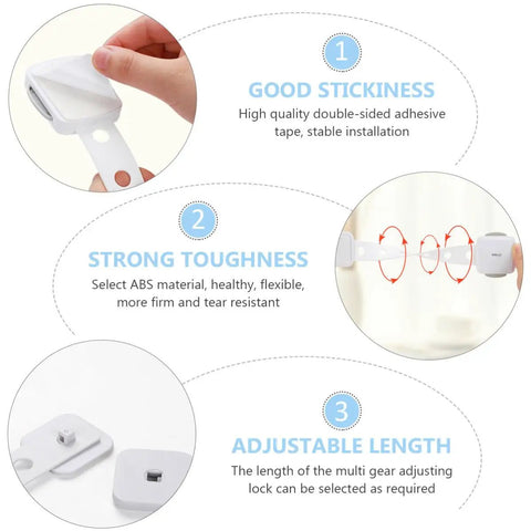 White Plastic Refrigerator And Cabinet Safety Locks Five Pack Easy Install Strong Adhesive Latches features description