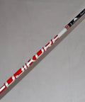 Hella Reliable Regular Flex Graphite Golf Shaft Built For Crisp Impact Downrange Smooth Swing Weight And Dead Straight Flight Compatible With TaylorMade R1 Drivers in red and white design.