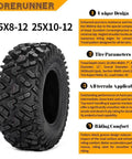 Close-up of beefed up all terrain ATV UTV tire 25X10-12 6PR with puncture resistant tread and angled shoulder knobs