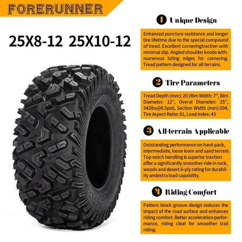 Close-up of beefed up all terrain ATV UTV tire 25X10-12 6PR with puncture resistant tread and angled shoulder knobs