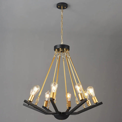 Black Gold 6 Light Farmhouse Chandelier For Dining Room Kitchen Island And Foyer Dope Industrial Iron Lighting Fixture With Rustic Modern Design Perfect For Living Room Entryway And Open Plan Spaces, showcasing angled bulbs and chain detail.