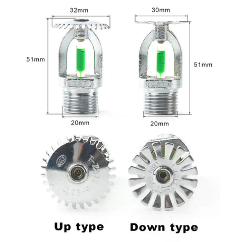 Top Shelf Pendent And Upright Fire Sprinkler Heads One Half Inch Dn Fifteen Copper Frame Glass Bulb Armor For Gymnasiums And Commercial Buildings Five Pack showing dimensions and types.