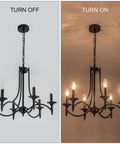 Black Farmhouse Chandelier Industrial Iron Six Light Pendant For Dining Room Kitchen Island Foyer Living Room And Bedroom Rustic Candle Style Light Fixture With Classic Candle Stems And Sturdy Frame For Everyday Home Lighting, shown off and illuminated.