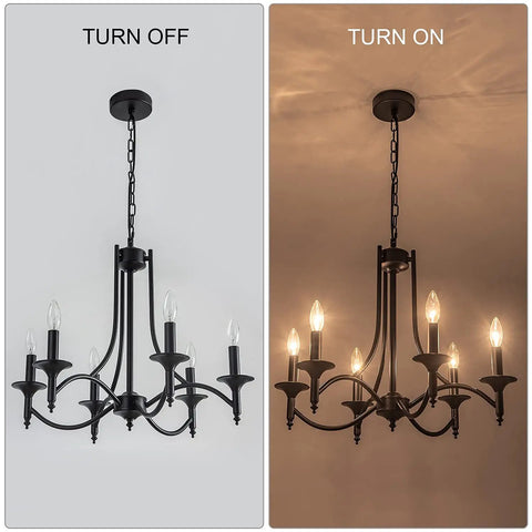 Black Farmhouse Chandelier Industrial Iron Six Light Pendant For Dining Room Kitchen Island Foyer Living Room And Bedroom Rustic Candle Style Light Fixture With Classic Candle Stems And Sturdy Frame For Everyday Home Lighting, shown off and illuminated.