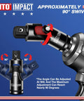 Universal Joint Socket Set For Any Angle With Half Inch Drive Swivel Adapters CR V Steel Construction close-up with 90° swivel diagram