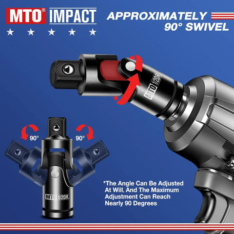 Universal Joint Socket Set For Any Angle With Half Inch Drive Swivel Adapters CR V Steel Construction close-up with 90° swivel diagram