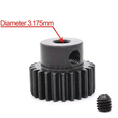 Close-up of MakerDoIt 48P Pinion Gear Set 3.175mm 24T 25T 26T 27T 28T For RC Cars And Trucks with 3.175mm bore and set screw.